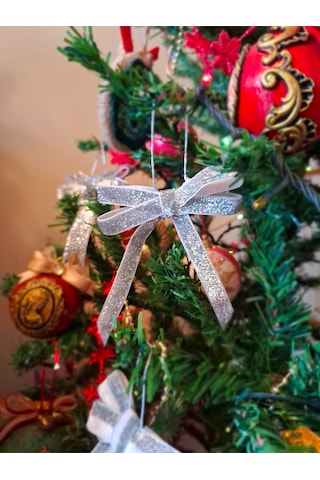 Paşateks Simli Gümüş Fiyonk Askılı Yılbaşı Noel Ağaç Süsü Ve Dekoratif Kurdele