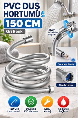 150 Cm Gri Pvc Duş Hortumu Esnek Banyo Duş Başlığı Hortumu Metal Bağlantılı Pratik Kullanım Tek Adet