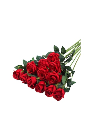 Yapay Çiçek Kırmızı Gül 12 Adet Tek Dal 50cm