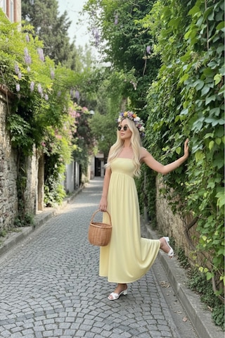 Pastelastore Sarı Uzun Pamuklu Astarsız Yaz Elbisesi Askılı Sarı