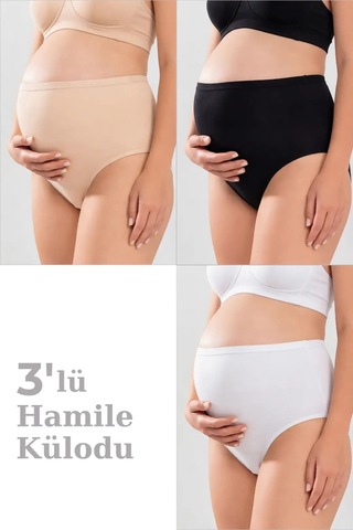 Hadpols Premium Günlük Kullanım Gebe Giyim Kadın Lohusa Hamile Külodu 3'lü Set Beyaz Siyah Ten Beyaz - Siyah - Ten