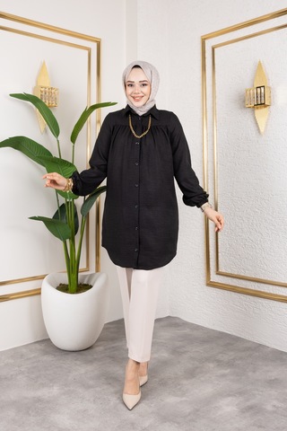 Nevayla Moda Önü Büzgülü Bilek Lastikli Tunik - Siyah / Ü104 Siyah