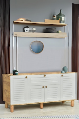 Helena Konsol Atlantik Çam Beyaz 4 Kapaklı 1 Çekmeceli Ahşap Detaylı 160x80x44 Cm