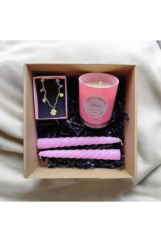 Denic Hediye Seti Kokulu Pembe Bardak Mum Yonca Kolye Burgulu Mum