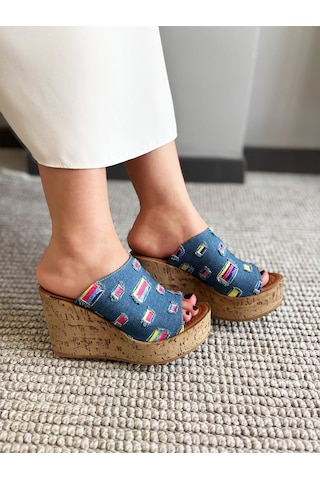 Asmi Shoes Kadın Limo Mavi Kot Dolgulu Mantar Taban Terlik 10 Cm Mavi