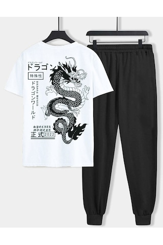 Dragon Beyaz T-shirt Siyah Eşofman Altı Jogger- Baskılı Alt Üst Eşofman Takım Oversize Bisiklet Yak Beyaz Siyah
