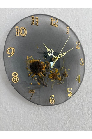 Ayçiçeği Temalı Gold Detaylı Epoksi Duvar Saati Özel Tasarım - Tek Üretim - 30 Cm Siyah