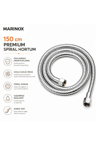 150 Cm Premium Spiral Duş Hortumu Paslanmaz Krom Kaplama Çelik Örgülü Pirinç Somunlu 1/2'' Bağlantı