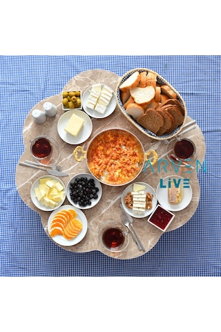 Arvenlive Sütlü Kahve Mermer Desenli Ahşap Katlanabilir Papatya Yer Sofrası