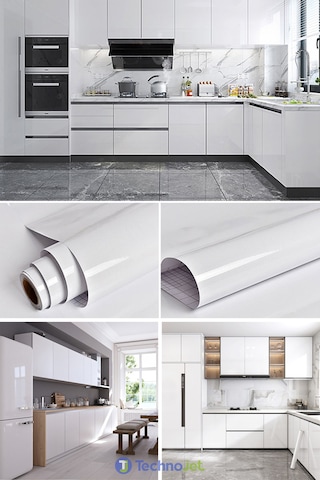 Technojet Kendinden Yapışkanlı Parlak Simli Beyaz Mutfak Banyo Tezgah Masa Kaplama (60cmx300cm)