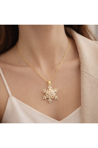 Taş Kar Tanesi Kolye - Gold Gold Renk