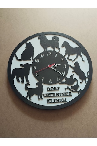 Veteriner / Pet Shop İş Yeri İçin Özel İsim Yazılı Ahşap Duvar Saati Çok Renkli