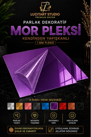 10 Adet 1mm Dekoratif Kare Mor Pleksi - 10x10, 15x15, 20x20, 25x25, 30x30, 35x35, 40x40 Cm Kendinden Yapışkanlı Duvar Dekorasyonu Ürünü Pleksi Ayna Beklentisiyle Almayınız