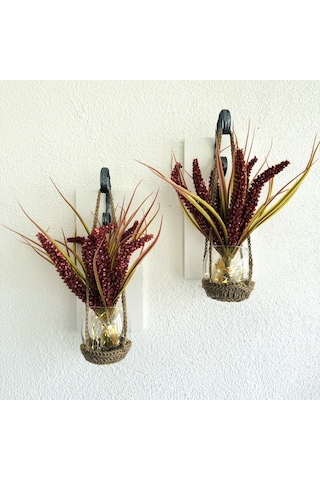 Duvar Dekoru, Led Işıklı, Kırmızı Çubuk Cipso Çiçekli, Beyaz Aplik İkili Set