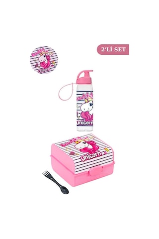 Flosoft Unicorn Matara Ve Beslenme Kutusu, Desenli 3 Bölmeli Okul Beslenme Kabı Ve Suluğu 2 Li Set
