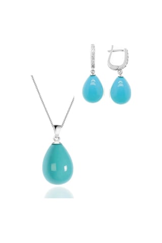 Gümüş Damla Model Kolye Küpe Turkuaz Taşlı Set