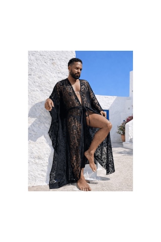 Qmen Style Erkek Plaj Kaftanı Siyah Lace Dandel Siyah