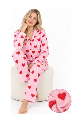 Sleeeproom Kadın Süet Düğmeli Mevsimlik Kalp Desen Pudra Pijama Takımı Kırmızı - Pembe