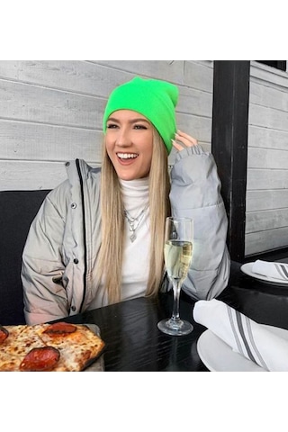 Unisex Kışlık Neon Yeşil Katlamalı Bere Neon Yeşil