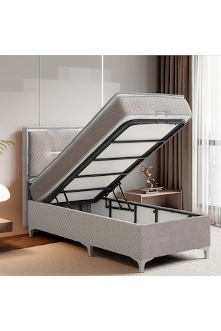 Lina Gri Tek Kişilik Sandıklı Baza Ve Başlık Takımı 2'li Set Konuma Özel Teslimat 90 x 190 CM