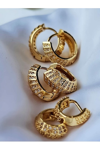 6'lı Oval Minimalist Hoop Zirkon Taşlı Altın Kaplama Gold Renk Küpe Seti Altın