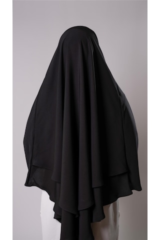 Siyah Pratik Hazır Geçmeli Tesettür Eşarp Medine İpeği Bağcıklı Çift Katlı Sufle Hijab 2302 01