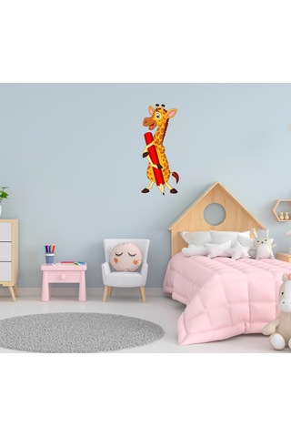 Sevimli Zürafa ve Kalem Ana Okulu Çocuk Odası Duvar Kapı Sticker