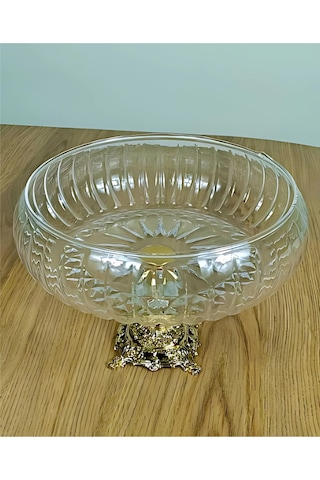Assa Bazaar Lotus Kristal 24 Cm Kesme Dekor Metal Ayaklı Salata Kasesi Gold Cam Sunumluk & Servis Tabağı Gri