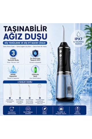 Polham Taşınabilir Şarjlı Ağız Duşu 380 Ml Diş Ve Diş Eti Bakım Cihazı ,1200 Mah, Ipx7 Su Geçirmez, 3 Temizlik Modlu, 4 Başlıklı