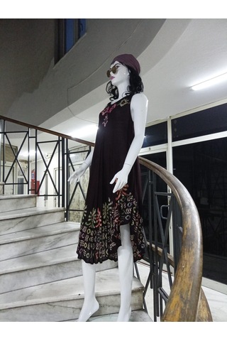 Sıfır Kol Yuvarlak Yaka Batik Desenli Elbise-9701 Yeşil