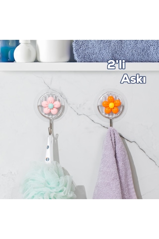 Porsima 084 2 Adet Papatya Desenli Yapışkanlı Banyo Mutfak Askısı Çok Renkli