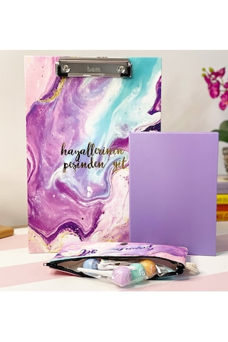 Hayallerinin Peşinden Git Tasarımlı Sekreterlik Kalemlik Mor Renk Lastikli Defter Ve Lolipop Kalem