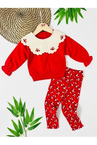 Çiçek Nakış Yakalı Fitilli Tayt Mevsimlik 2 Parça Set Kırmızı