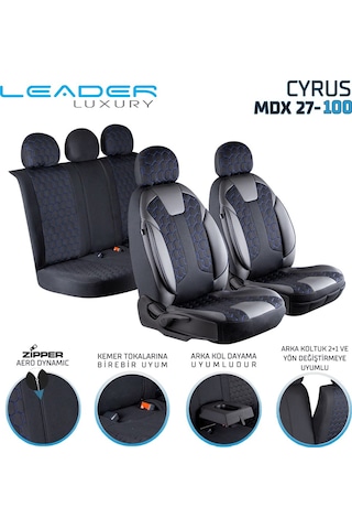 Peugeot 306 Uyumlu Deri Detaylı Oto Koltuk Kılıfı Ön Arka Takım Cyrus Siyah Mavi