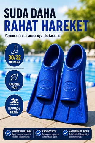 Mavi 30-32 Numara Yüzme Paleti Kauçuk Kısa Palet Havuz Deniz Antrenman Erkek Unisex Ayak