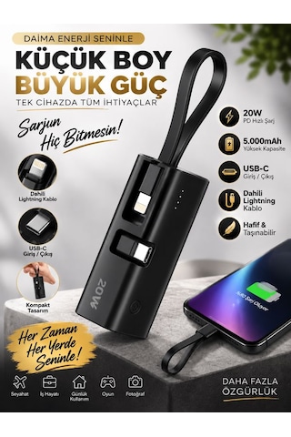 5000mah 20w Pd Hızlı Şarj Powerbank Dahili Lightning Kablolu Type-c Çıkışlı Taşınabilir Siyah