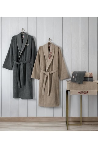 Cottonbox Folk Art Aile Bornoz Seti Yamka Bej-antrasit Çok Renkli