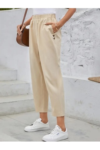 Munn Collection Kadın Yüksek Bel Yandan Cepli Düğme Detaylı Geniş Kesim Ithal Krep Pantolon Bej