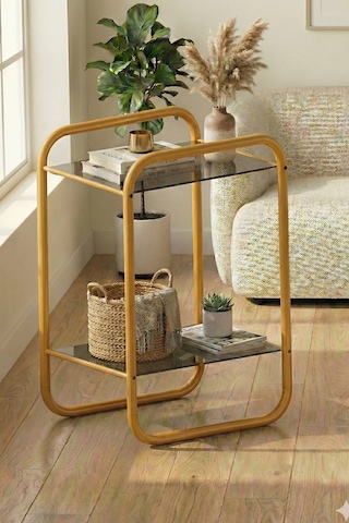 Odessa Yan Sehpa - Gold Metal Modern Yan Sehpa Füme Camlı Şık Salon Sehpası Gold
