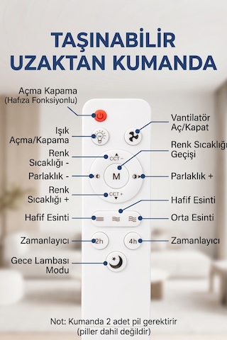 Tavan Vantilatörü Led Işıklı 3 Kademeli Uzaktan Kumandalı Avize Tipi Vantilatör - Uzatma Aparatı li