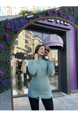 Boğazlı Yırtık Detaylı Triko Kazak- Yeşil Renk-489 Yeşil