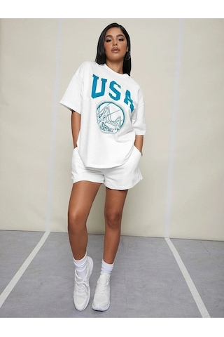 Usa Basketball T-shirt Şort - Beyaz Alt Üst Kombin Şort Tişört Takım Baskılı Oversize Bisiklet Yaka Beyaz