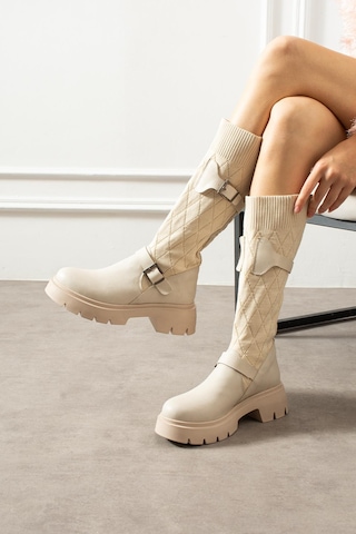 Shoetek Panve Kadın Çizme Bacak Triko Dokumalı Kamer Tokalı Bej Bej