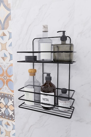 Eva Metal Tasarim Ömür Boyu Paslanmaz Duvara Yapışkanlı 2 Katlı Banyo Düz Şampuanlık Düzenleyici Siyah