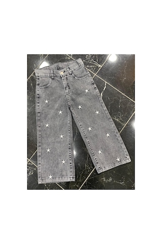 Erdem Kıds Kız Çocuk Jean Pantolon Palazzo Geniş Bol Paça Yıldız Nakışlı Kot Pantolon Gri Gri