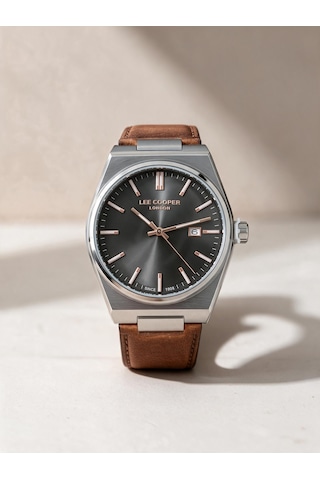 Lee Cooper Taba Deri Kayış Füme Kadran 40 Mm Yuvarlak Erkek Kol Saati, Bileklik Hediyeli Gümüş