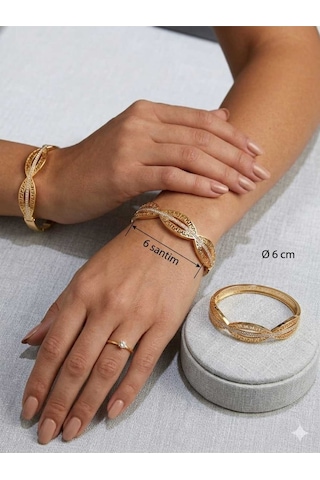 Kadın Gold Renk Antik Desenli Kelepçe Bilezik - Zirkon Taşlı 6 Cm Standart Boy Bileklik Altın