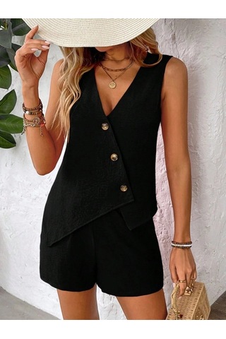 Defymoda Kadın Askılı Önü Düğmeli Asimetrik Detaylı Bluz Ve Astarlı Short Ikili Takım Siyah