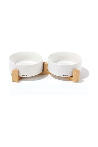M-pets Opera Bamboo Standlı Seramik Kedi Mama Kabı Beyaz 2x350 Ml 244-51023.01