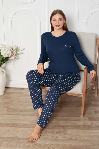 Kadın Bisiklet Yaka Düğmesiz Dökümlü Viskon Mevsimlik Uzun Kol Cepli Pijama Takımı Lacivert-beyaz